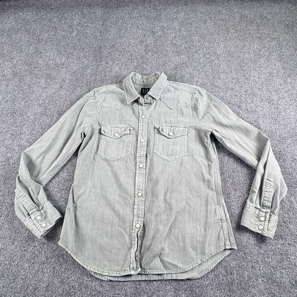 Gap Denim Western Shirt Womens S Sage Pearl Snap Casual Y2K Cowboy Core Festival